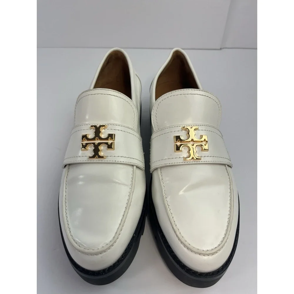 Tory Burch Women's Everly Leather Mini Chunky White & Black Loafers Size 9M
